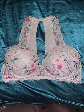 PINK Victoria's Secret Light Gray and Pink Floral Lace Push-Up Bra